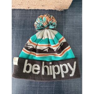 Be Hippy Mens Knit Pom Beanie Hat Brown Teal Orange Mountain Stripe One Size